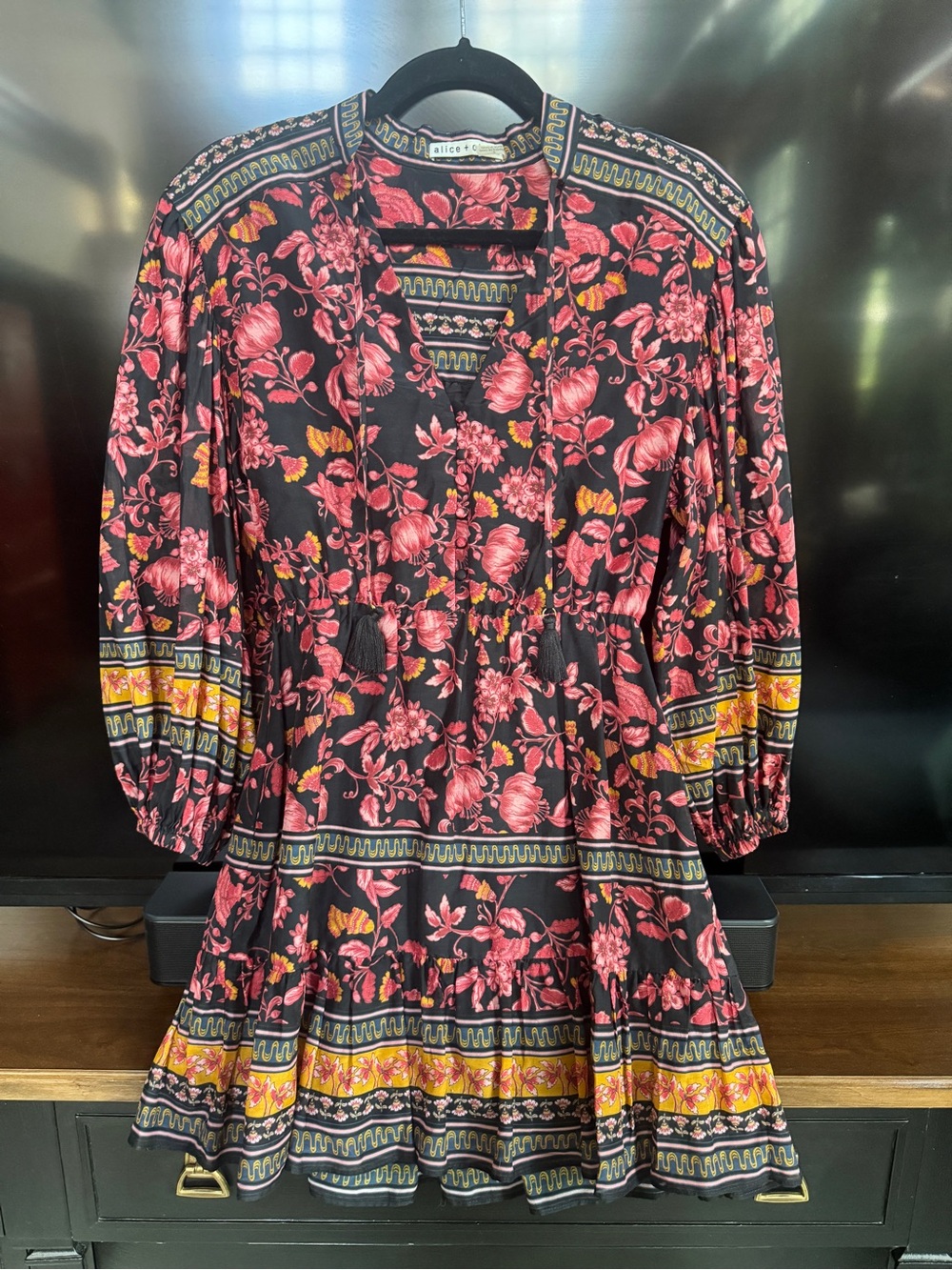 Alice + Olivia Black Floral Mini Dress with Pink Blossoms